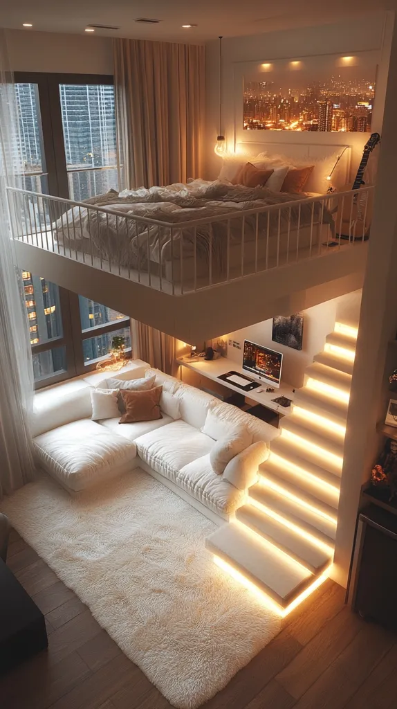 A modern apartment features a loft-style bedroom elevated above a living area.  A white sectional sofa sits on a fluffy rug, facing large windows with city views.  A staircase with warm LED lighting leads to the upper level, which includes a bed and a small work area. The overall aesthetic is minimalist and chic, with a warm, inviting atmosphere.