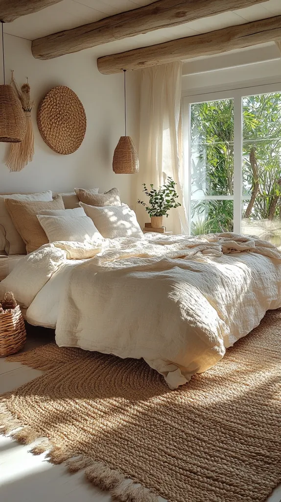 A sunlit bedroom features a large, cream linen bed with numerous pillows.  Woven jute rugs and wall hangings add texture.  Natural light streams through sheer curtains and a large window overlooking lush greenery.  The ceiling boasts exposed wooden beams, enhancing the room's rustic-chic aesthetic.  Woven pendant lights hang above the bed, completing the calming and natural atmosphere.
