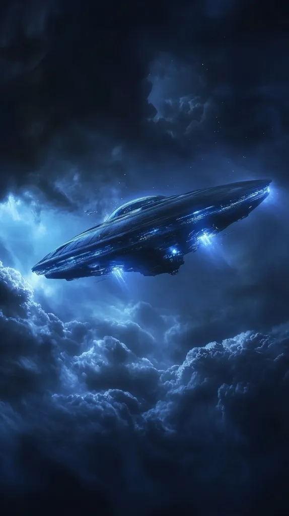 A dark, sleek, futuristic spaceship, reminiscent of a classic flying saucer, hovers silently amidst a turbulent, dark blue sky.  Glowing lights emanate from its underside, illuminating the swirling clouds below. The scene evokes a sense of mystery and otherworldly presence, capturing the imagination with its dramatic lighting and atmospheric setting.  The spaceship is the central focus, contrasting against the vast, ominous sky.