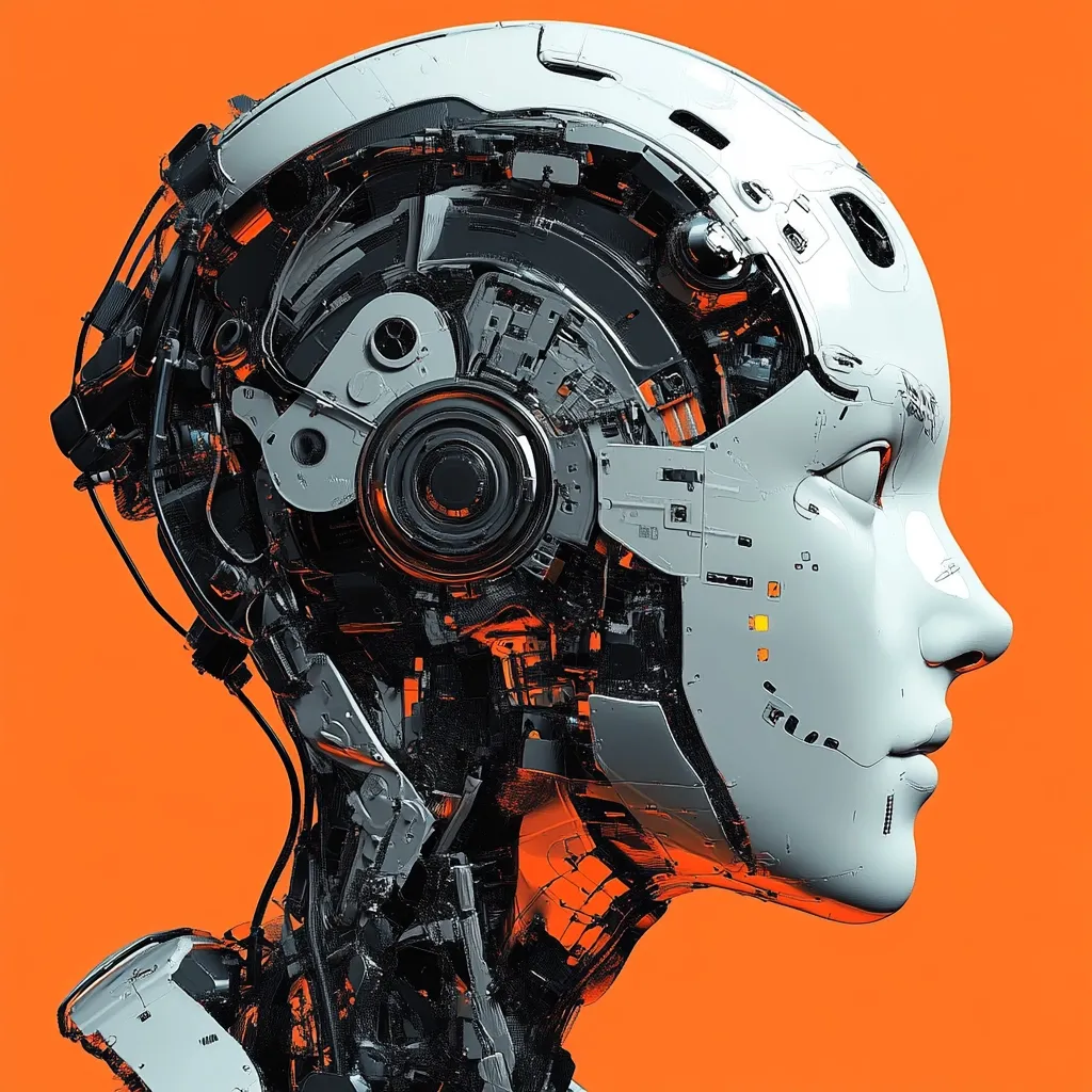 A profile view of a futuristic robotic head, predominantly white with intricate black internal mechanics visible.  The exposed gears and circuitry suggest a complex internal system.  The robotic face is smooth and almost human-like in its features, creating a contrast between the organic and mechanical elements. The vibrant orange background emphasizes the robot's design.