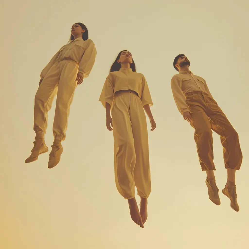 Three figures, two women and a man, appear to levitate against a pale, sunlit sky.  All wear loose-fitting, light beige and mustard-toned jumpsuits or pantsuits.  The image evokes a feeling of serenity and weightlessness, with a muted color palette emphasizing the ethereal quality.  The figures' expressions are calm, their gazes directed upwards.