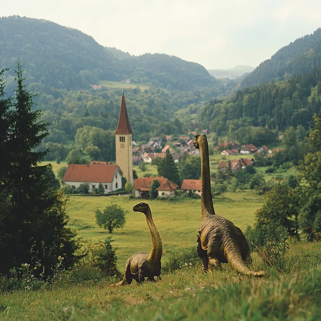 Two dinosaur models stand in a grassy field overlooking a quaint village nestled in a valley.  A church steeple rises prominently in the village center, surrounded by houses with reddish-brown roofs. Lush green hills and forests form a scenic backdrop under a soft, hazy sky. The scene evokes a whimsical juxtaposition of prehistoric creatures and a peaceful rural landscape.