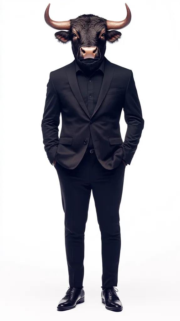 A full-length studio shot depicts a person wearing a black suit and oxfords.  The head is that of a dark-colored bull, complete with horns. The image is set against a plain white background.  The bull's head is positioned centrally, creating a surreal and striking visual effect. The suit is impeccably tailored, contrasting sharply with the animalistic head.