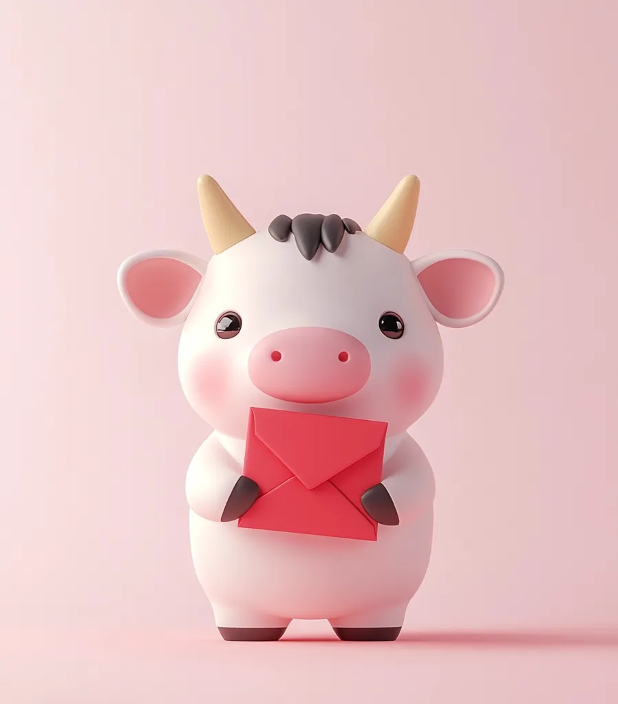 A cute, cartoonish rendering of a white calf with pink ears and a red envelope. The calf is depicted in a minimalist style against a solid pink background, giving it a soft and endearing appearance.  The calf's expression is friendly and gentle, suggesting innocence and warmth. The image evokes feelings of happiness and possibly the celebration of a holiday or special occasion.