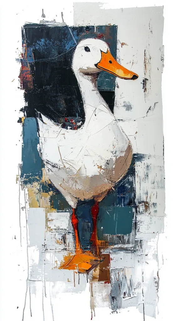 A stylized abstract painting of a white duck with orange beak and legs. The duck is centrally positioned against a background of textured, impasto brushstrokes in shades of grey, blue, and white. The artist uses a bold, expressive style with visible paint texture, creating a dynamic and energetic piece. The overall effect is both realistic and abstract, showcasing the duck's form while employing a fragmented background.