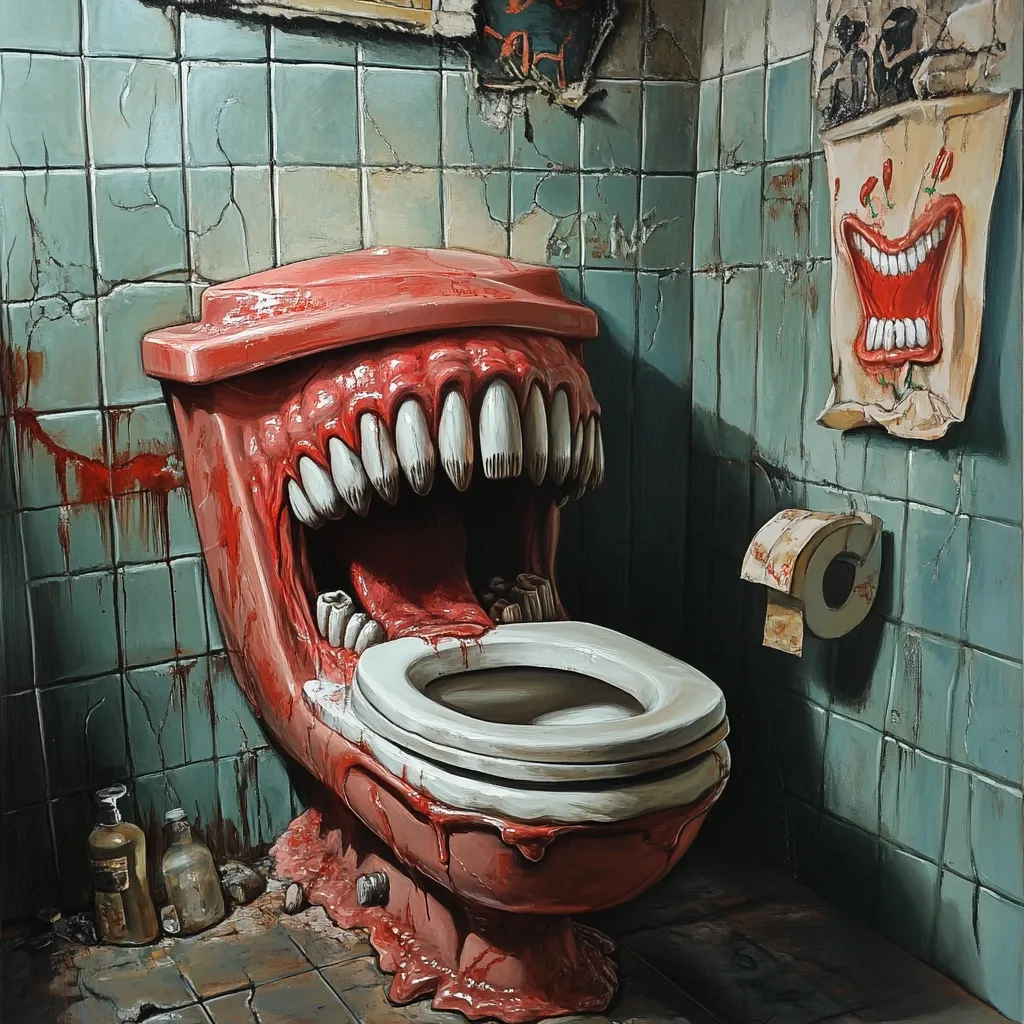 A grotesque painting depicts a toilet transformed into a monstrous mouth, dripping with blood.  Its gaping maw reveals rows of sharp teeth, and the bowl is positioned within its open jaws. The restroom setting is dilapidated, with cracked tiles and decaying elements, adding to the unsettling atmosphere.  A disturbing poster of a laughing mouth hangs on the wall, complementing the overall macabre theme.