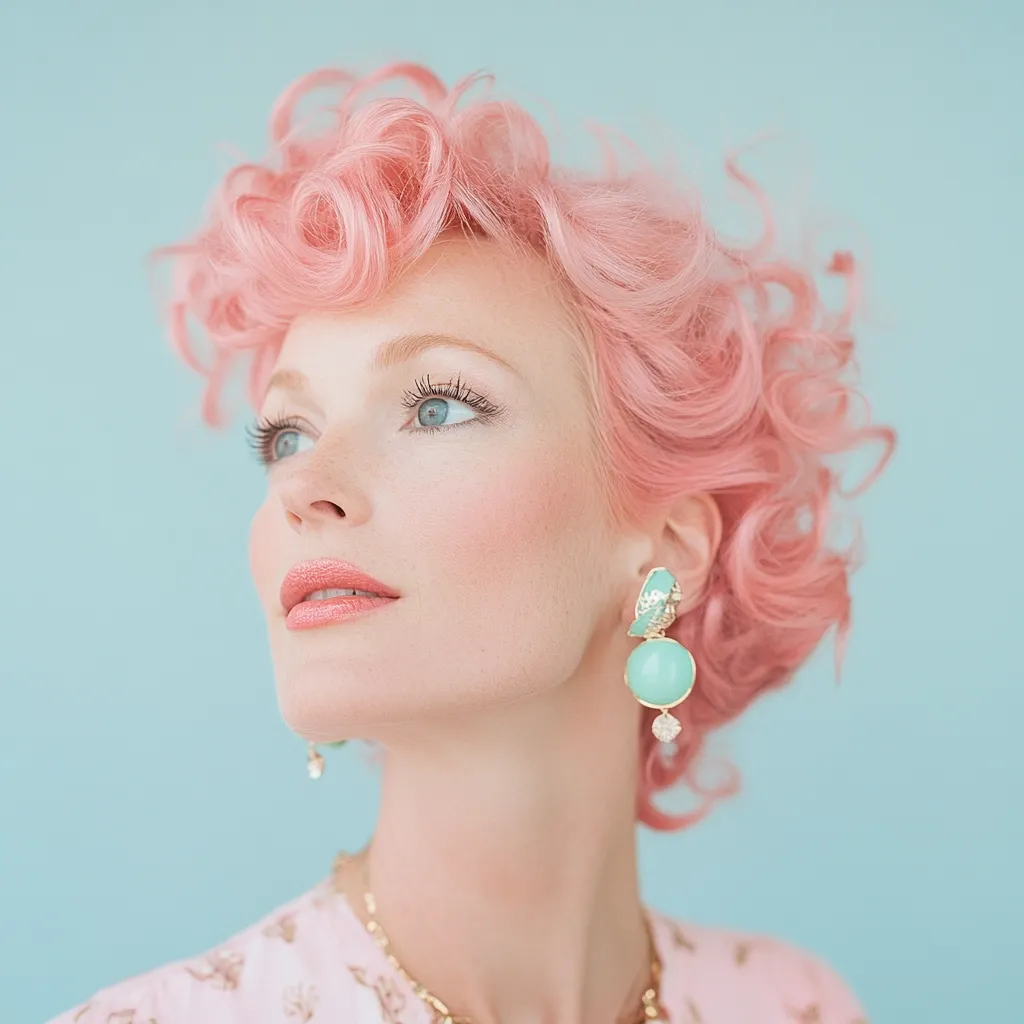 Close-up portrait of a woman with vibrant pink, curly hair styled in a retro fashion. She is wearing delicate gold earrings adorned with light teal gemstones. Her makeup is subtly applied, enhancing her natural features.  She gazes upward, creating a dreamy and elegant mood against a soft blue backdrop. The overall aesthetic is feminine and stylish.
