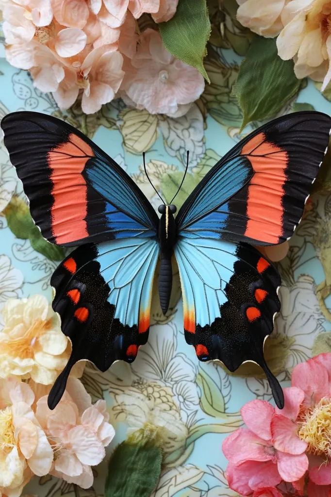 A vibrant butterfly, predominantly blue and orange, takes center stage against a delicate floral backdrop.  Its black wings are accented with striking red and orange markings.  The butterfly rests on a light blue surface adorned with a floral pattern, surrounded by soft, pastel-colored flowers. The image conveys a sense of tranquility and beauty.
