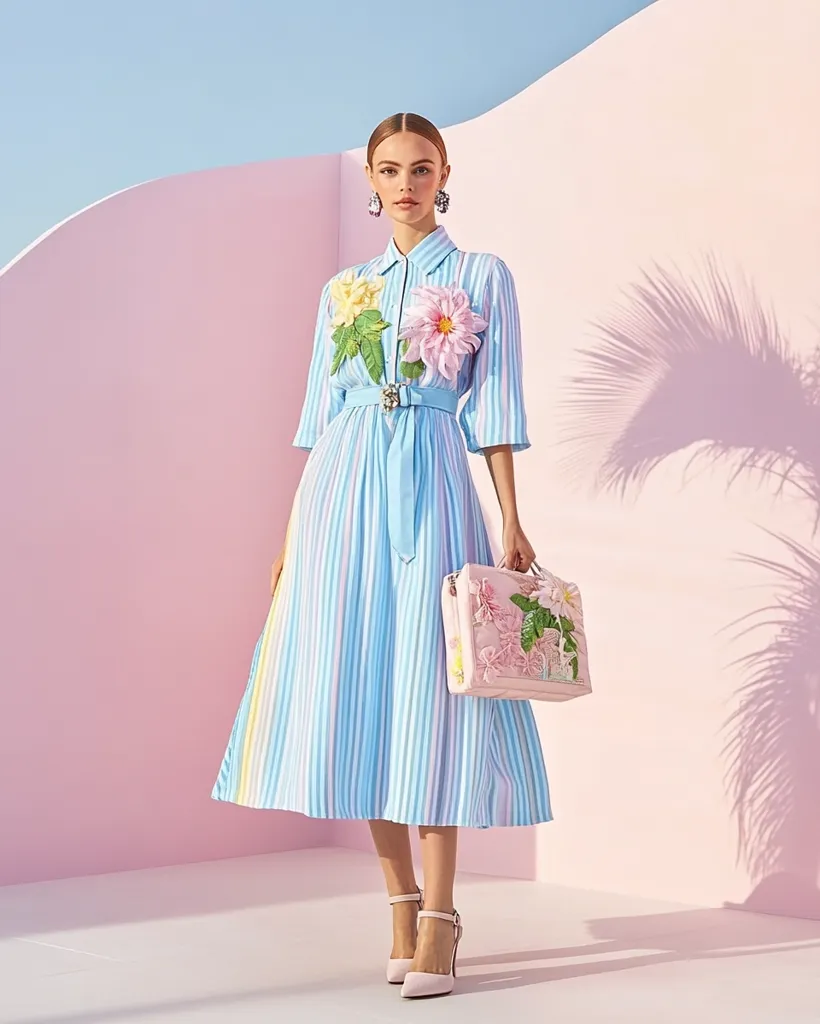 A model stands against a pink background, showcasing a pastel-striped midi dress adorned with floral embellishments.  The dress features a collared shirt design and a belted waist.  She carries a matching pastel pink handbag, also decorated with flowers.  The overall aesthetic is feminine and whimsical, with light pink and pale blue tones dominating the image.  She completes the look with delicate heels.
