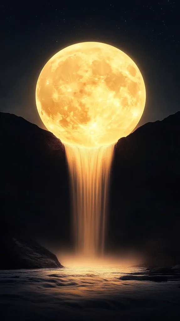 A surreal image depicts a giant, luminous yellow moon nestled between two dark mountains.  The moon appears to be pouring its light down as a waterfall, creating a glowing cascade that flows into a still body of water below.  The scene is set against a backdrop of a star-filled night sky, enhancing the otherworldly atmosphere.