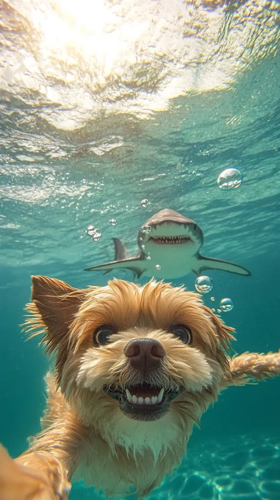 An underwater selfie shows a happy, fluffy dog swimming in clear turquoise water.  A shark swims in the background, seemingly uninterested in the playful canine.  Sunlight filters from above, illuminating the scene. The dog's joyful expression contrasts humorously with the presence of the shark.