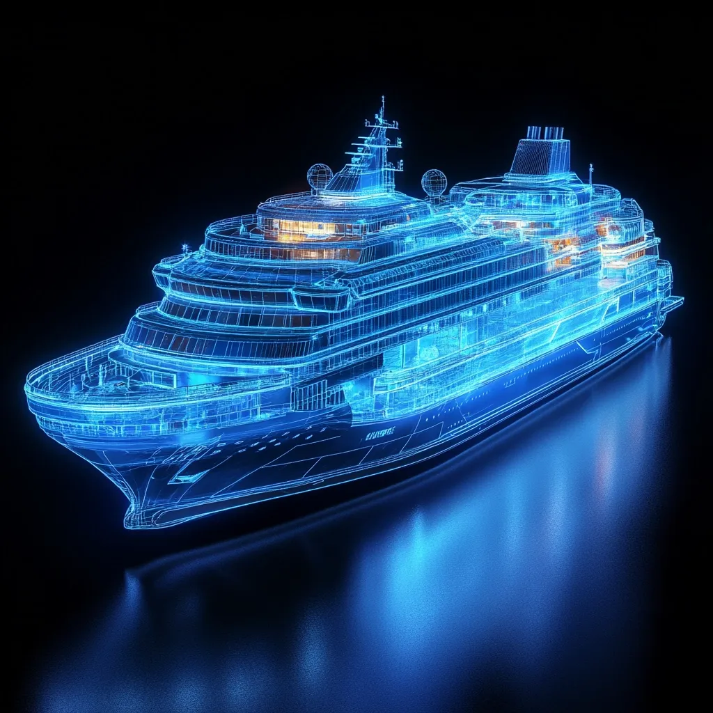 A digital wireframe model of a large cruise ship is shown glowing bright blue against a black background.  The intricate details of the ship's structure are visible, from its decks and cabins to its superstructure and propulsion systems. The model is reflected on a dark, glossy surface below, enhancing its futuristic aesthetic.  The image suggests advanced design and engineering processes.