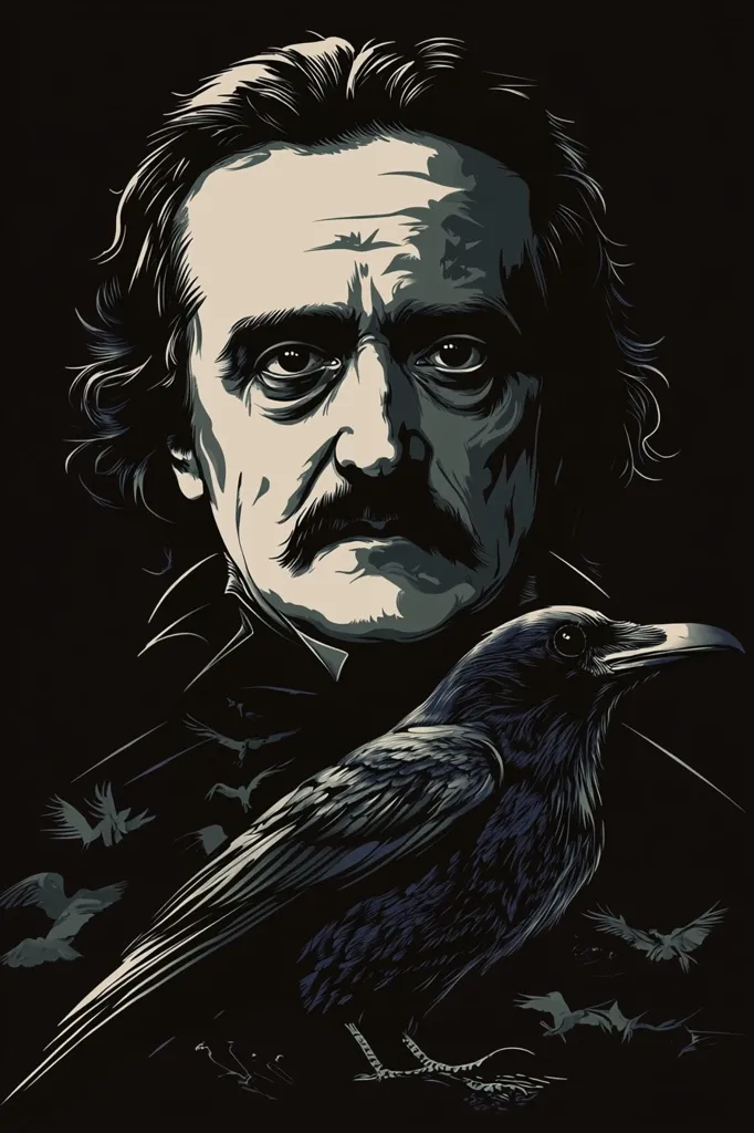 A stylized portrait of Edgar Allan Poe, rendered in dark tones. His intense gaze is directed forward, his dark hair framing his face.  A large raven rests on his shoulder, its presence emphasizing the author's gothic themes. Smaller ravens flutter in the background, creating a dramatic, shadowy atmosphere. The image evokes Poe's literary style and his iconic poem, "The Raven."