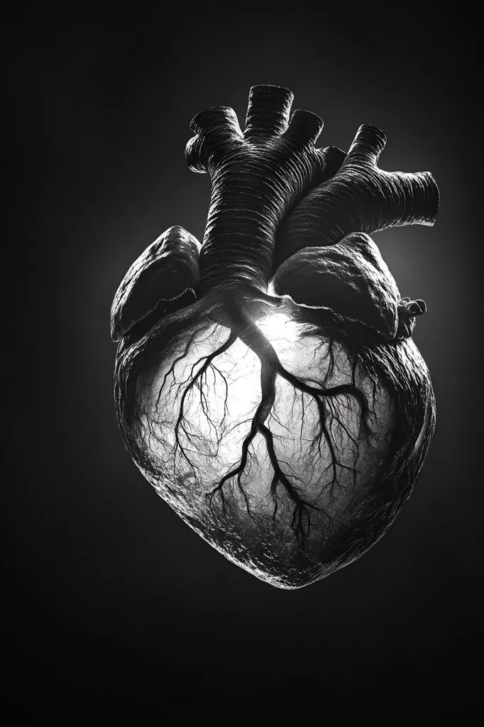 A monochrome image showcases a human heart, rendered in a dark, stone-like texture.  The heart's internal vascular system is strikingly visible, illuminated from within, creating a stark contrast against the dark exterior. The image evokes a sense of both fragility and strength, symbolizing the vital role of the heart. The dark background emphasizes the heart as the central focus.