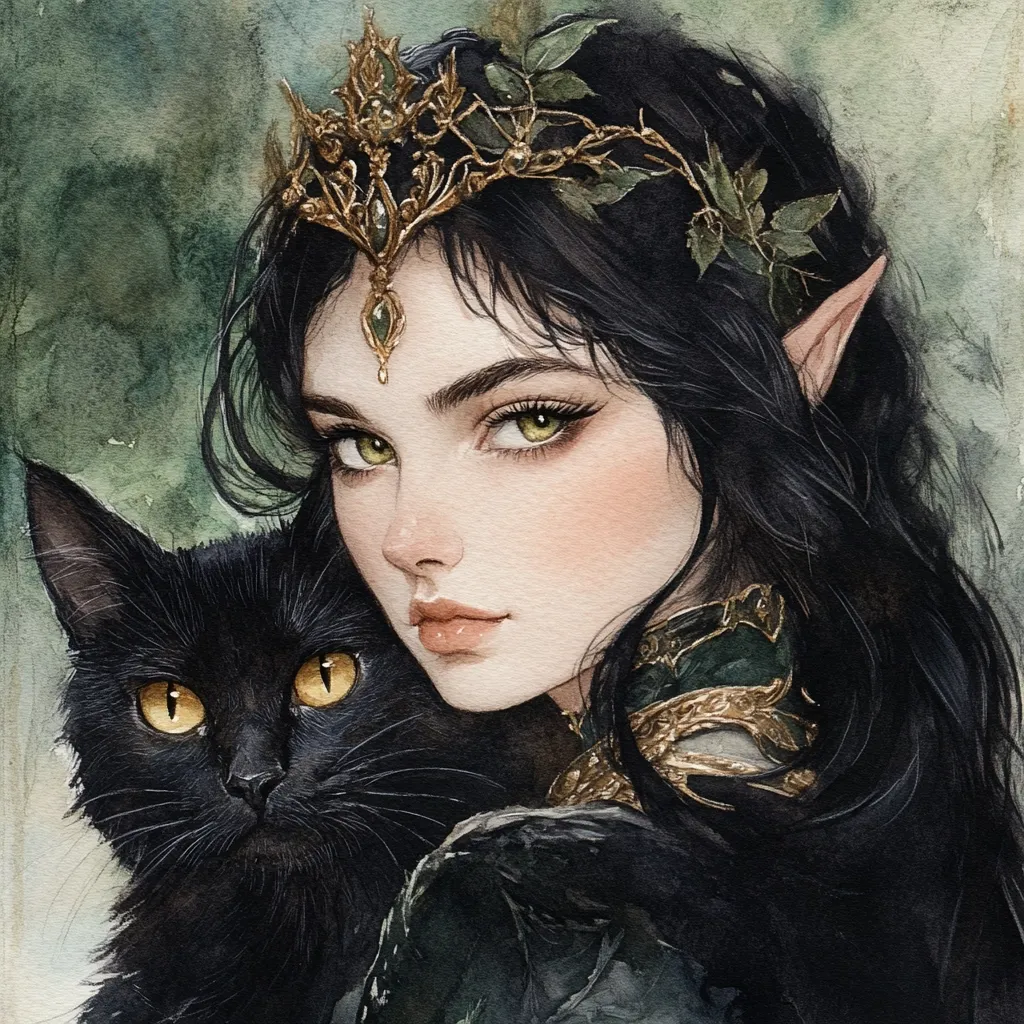 A watercolor painting depicts an ethereal elf princess with pointed ears, adorned in a golden crown intertwined with leaves.  Her dark hair cascades around her, framing a delicate face with striking green eyes. She is accompanied by a sleek black cat, its amber eyes mirroring hers. The overall tone is dark, romantic, and fantastical, suggesting a mystical creature of the forest.