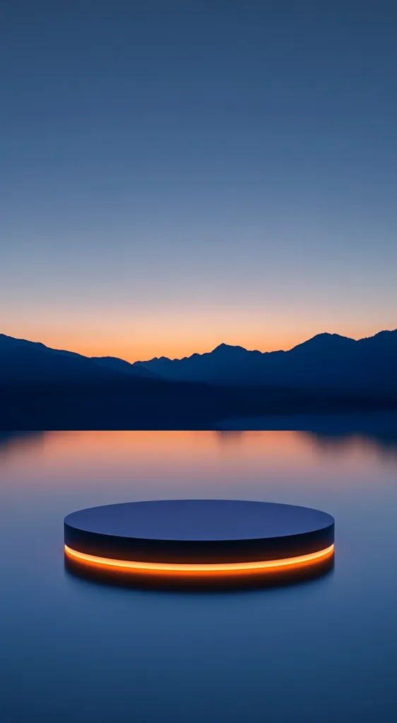 A serene landscape at sunset features a calm lake reflecting a silhouetted mountain range.  A minimalist, circular platform with a glowing orange perimeter sits on the still water, creating a striking contrast against the muted colors of the sky and mountains. The scene evokes a sense of tranquility and futuristic minimalism.