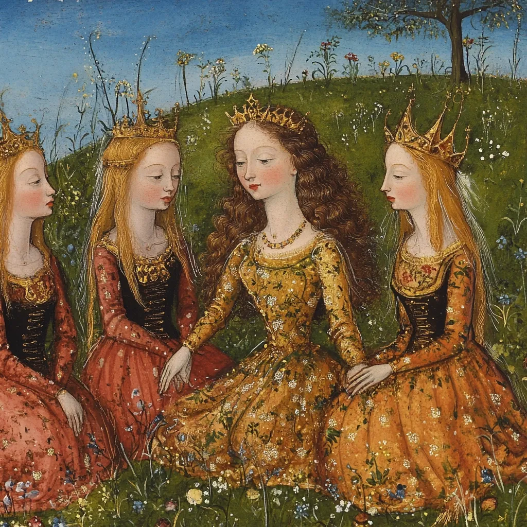 Four young women, adorned in gold and red medieval gowns and jeweled crowns, sit amidst a vibrant meadow of wildflowers.  Their serene expressions and elegant attire suggest a scene of courtly grace and beauty, captured in detail with rich colors and meticulous brushstrokes. The painting exudes a sense of calm and aristocratic refinement.