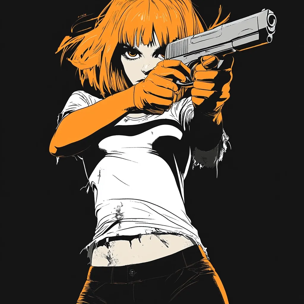 A stylized illustration depicts a young woman with vibrant orange hair, aiming a handgun. She's dressed in a distressed white shirt and dark pants, with bright orange gloves.  Her intense gaze and determined posture convey a sense of action and danger. The stark contrast between the character and the black background emphasizes her focus. The style is reminiscent of graphic novels or comic book art.