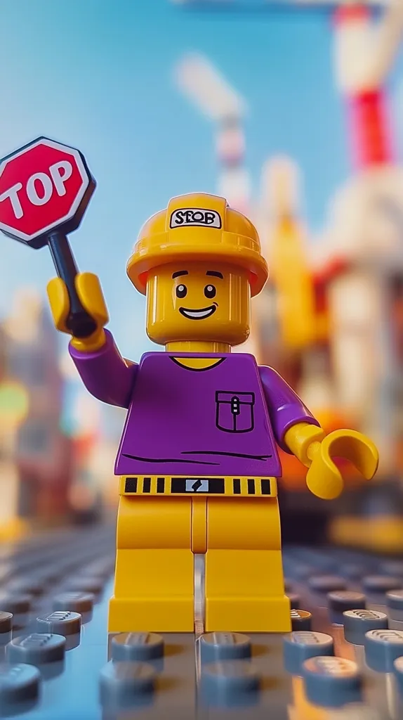 A Lego construction worker figure, wearing a yellow hard hat and purple shirt, holds a red octagonal stop sign.  The figure has a cheerful expression. The background is blurred, showing construction equipment and a city scene. The Lego figure stands on a surface scattered with gray Lego pieces, creating a playful, detailed image.