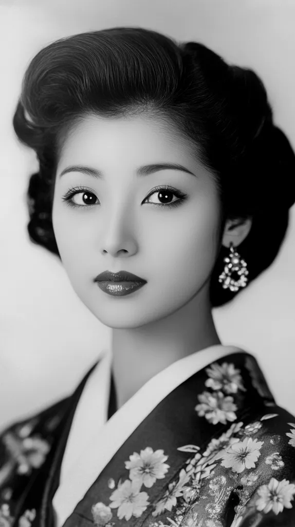 A black and white portrait of a young woman, possibly Japanese, with her hair styled in a sleek updo. She is wearing a dark kimono adorned with delicate floral patterns. Her expression is serene, and her makeup is subtly applied. The image evokes a sense of classic elegance and timeless beauty. The photograph is sharply focused, highlighting her flawless complexion and expressive eyes.