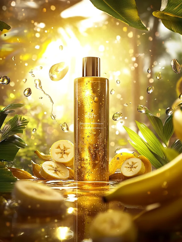 A golden bottle of banana-infused body oil sits amidst sliced bananas and splashing water.  Surrounding the bottle are lush green leaves, creating a tropical, sun-drenched scene. The image evokes feelings of freshness, relaxation, and natural beauty.  The bottle's reflective surface mirrors the surrounding elements, enhancing the overall aesthetic.  The overall effect is vibrant and luxurious.