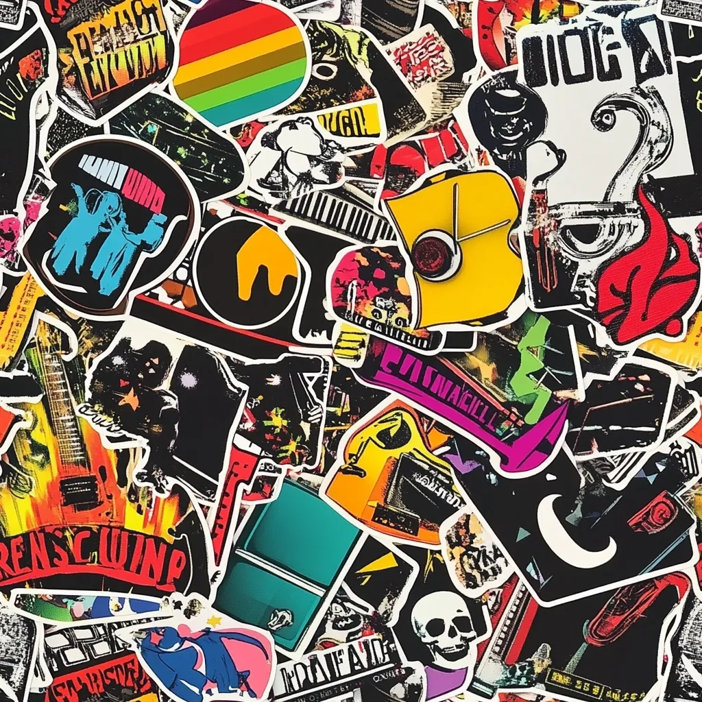A chaotic collage of colorful stickers densely packed together.  The stickers feature a variety of designs, including band logos, musical instruments, abstract art, and skulls.  The style is predominantly bold and graphic, with a punk or alternative rock aesthetic.  Many stickers are layered, creating a visually busy and energetic image.  The overall effect is a vibrant and expressive collection of stickers.