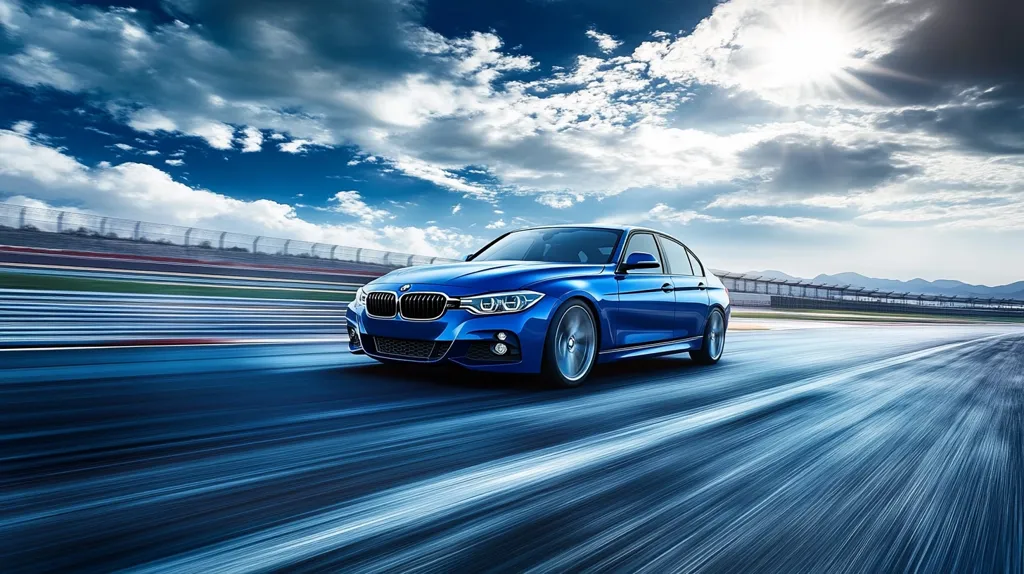 A vibrant blue BMW 3 Series sedan speeds along a race track under a dramatic sky.  The motion blur emphasizes the car's swift movement.  The background features a clear blue sky with fluffy white clouds, and distant mountains are visible beyond the track's barriers. The image is dynamic and showcases the car's sleek design and performance capabilities.