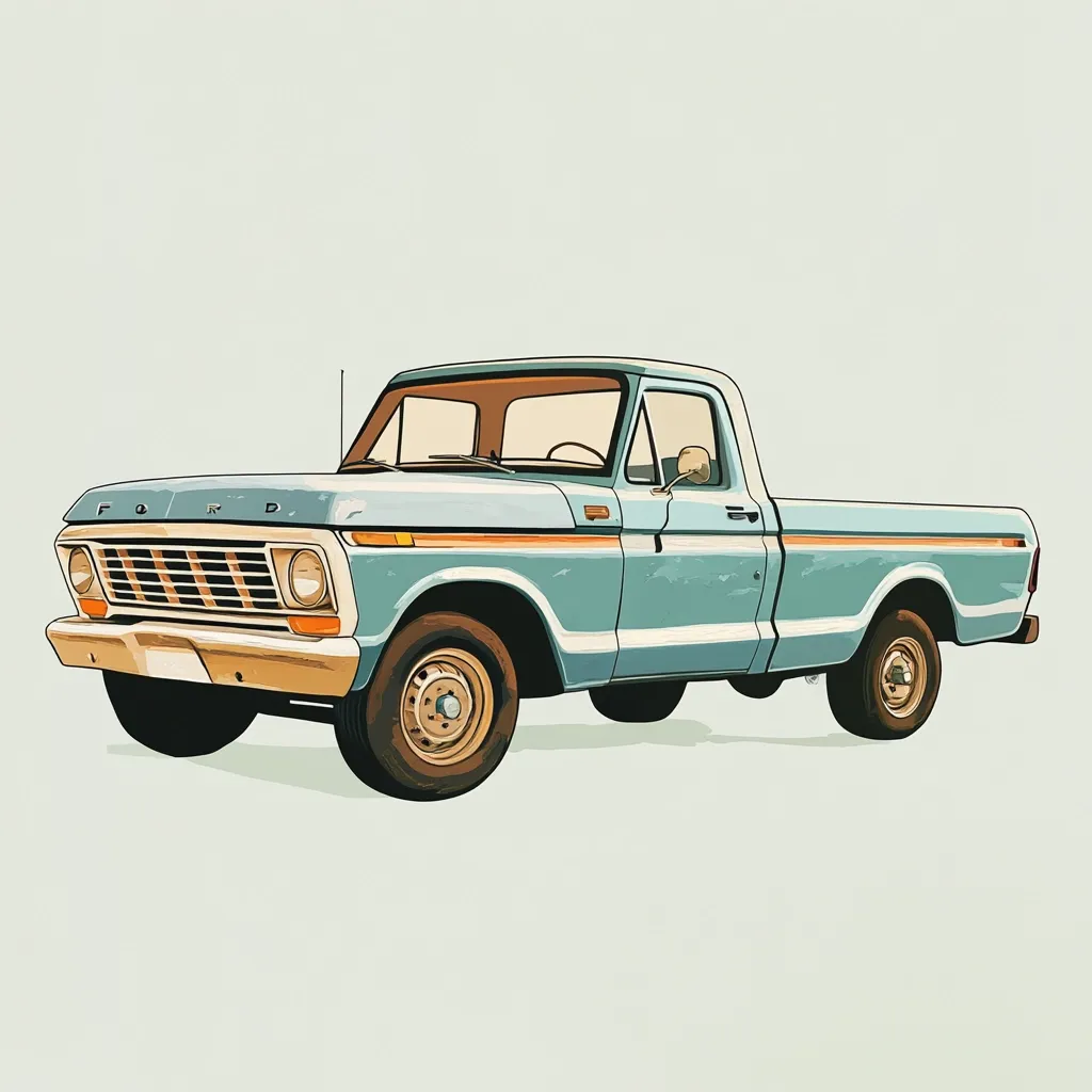 A stylized illustration of a vintage light blue Ford pickup truck.  The truck is depicted in a three-quarter view, showcasing its classic design and details.  The color palette is muted and nostalgic, emphasizing the truck's weathered appearance. The image evokes a sense of Americana and simpler times.