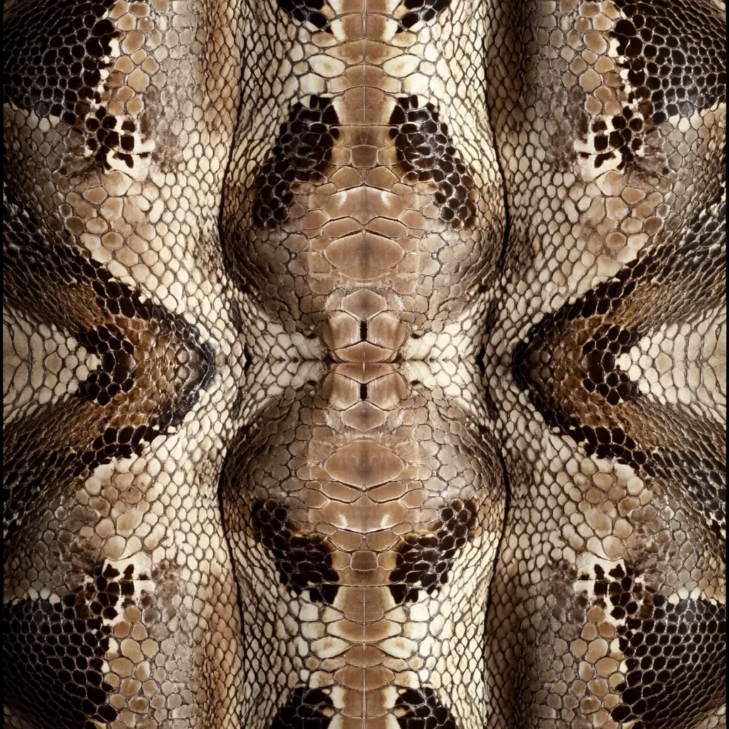 A close-up image showcases the intricate pattern of a snake's skin, exhibiting a kaleidoscopic effect created through mirroring. The texture is rough, with overlapping scales in shades of brown and tan, interspersed with darker markings.  The symmetrical arrangement enhances the visual appeal, highlighting the natural beauty and complexity of the reptilian hide.