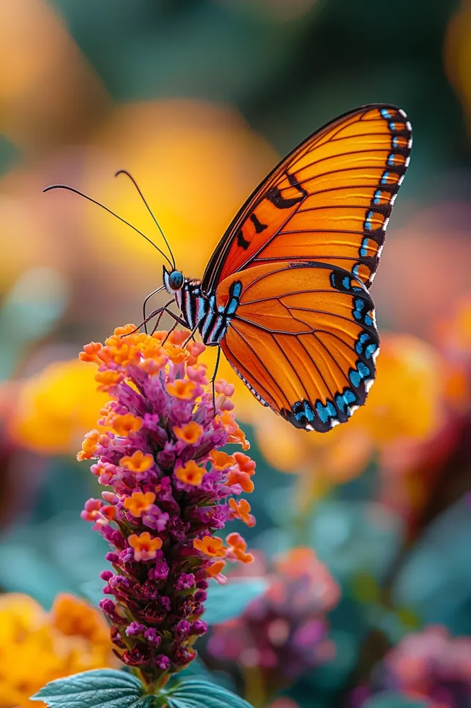 A vibrant orange butterfly with black and teal accents delicately rests on a cluster of vibrant pink and orange flowers.  Its wings are intricately detailed, showcasing the beauty of nature. The background is blurred, focusing attention on the butterfly and the flower it feeds upon, creating a stunning natural tableau. The scene is alive with color and suggests a warm, sunny day.