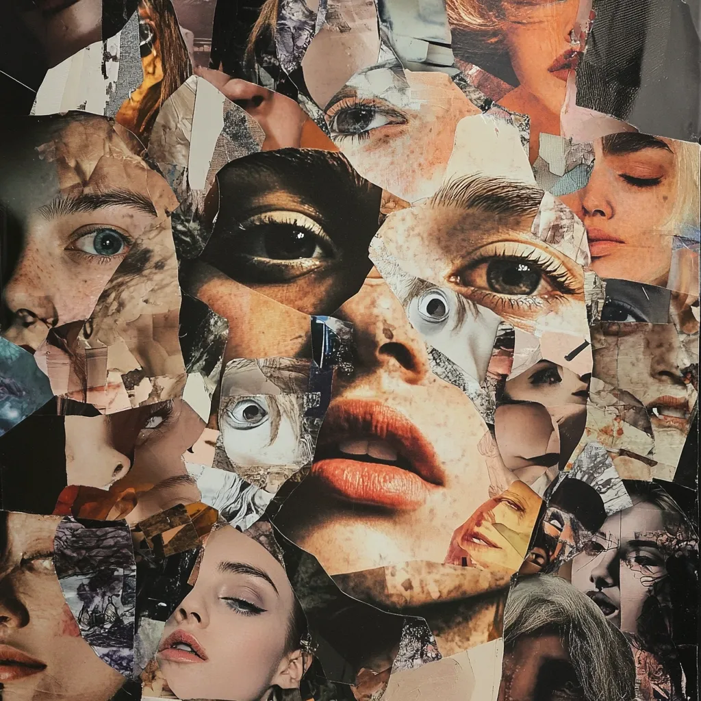 A captivating collage of fragmented faces forms a central, expressive visage.  Eyes, lips, and skin tones from numerous individuals are pieced together, creating a surreal and multifaceted portrait. The fractured composition evokes a sense of identity fragmentation or the multiplicity of self, with textures and tones blending in a visually striking, almost chaotic, arrangement.  The overall effect is both unsettling and beautiful.