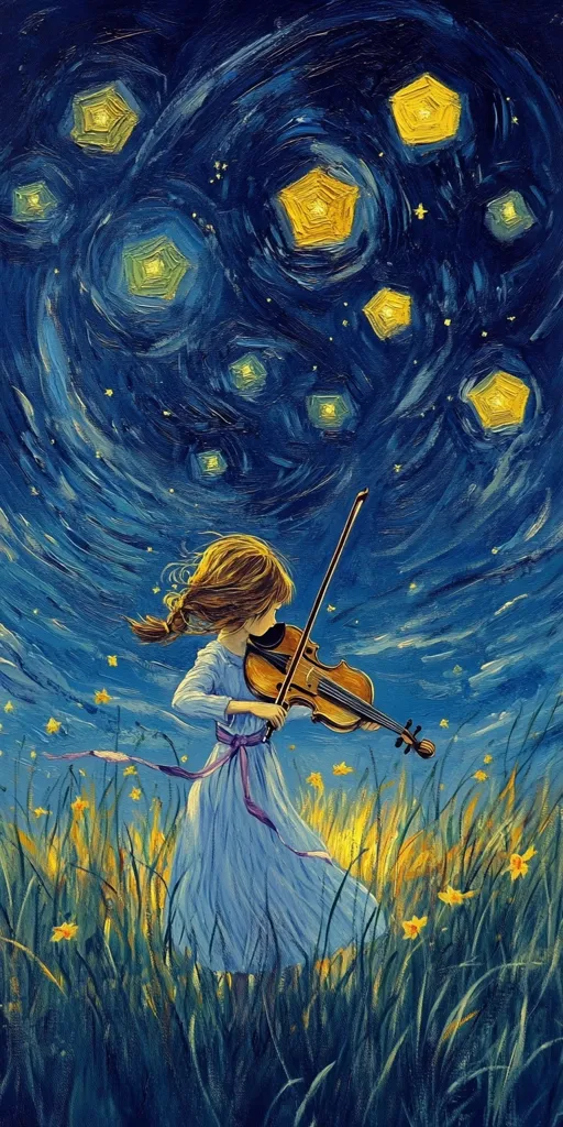 A young girl in a flowing blue dress stands in a field of tall grass and daffodils, playing a violin. The night sky above swirls with vibrant blues and yellows, filled with stylized stars reminiscent of Van Gogh's "Starry Night." The scene is dreamlike and peaceful, capturing a moment of serene musical expression under a captivating celestial display.  The painting's impasto technique adds texture and depth.