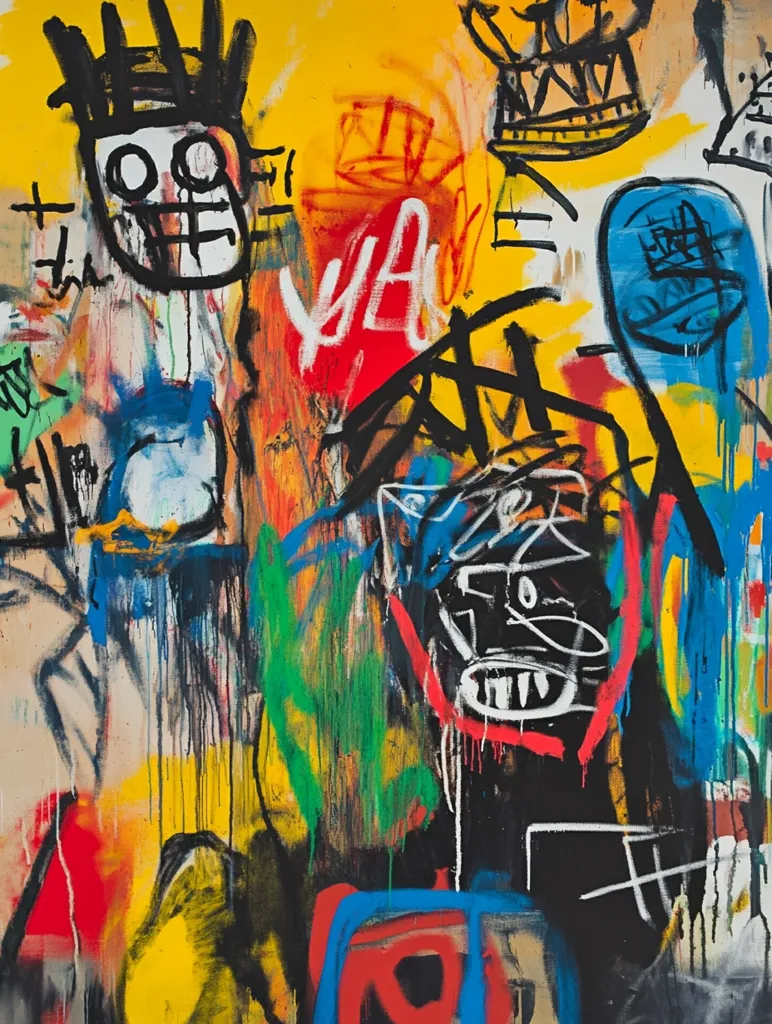 A vibrant abstract painting explodes with color and energy.  Bold strokes of red, yellow, blue, green, and black create a chaotic yet balanced composition.  Stylized faces and crown-like forms emerge from the layered paint, suggesting figures amidst a dynamic, expressive scene.  The style evokes raw emotion and urban energy, characteristic of graffiti art.  Drips and splashes add texture and depth to the overall effect.
