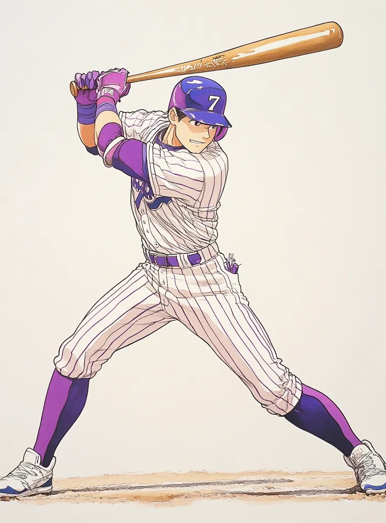 An illustration showcases a baseball player, number 7, in a dynamic batting stance.  He's depicted in a pinstriped uniform with purple accents, his body poised and focused. The artist's style is clean and detailed, capturing the energy of the moment.  The player's determined expression and powerful swing are emphasized in the artwork.  The background is a simple, off-white, drawing attention to the central figure.
