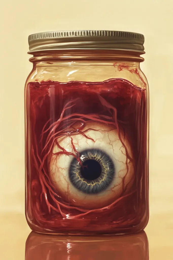 A mason jar, sealed with a metal lid, contains a human eyeball submerged in a viscous, blood-red liquid.  Intricate blood vessels are visible on the eyeball's surface, adding to the unsettling realism. The jar sits on a reflective surface, emphasizing its disturbing contents.  The overall effect is one of macabre fascination.