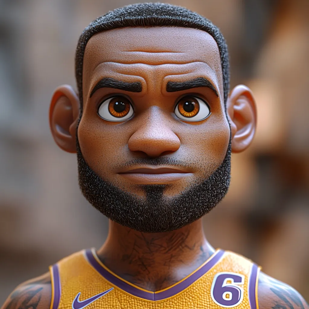 A stylized 3D rendering of LeBron James, depicted in a cartoonish manner.  He wears his Los Angeles Lakers jersey with the number 6 prominently displayed.  His features are exaggerated, with large eyes and a prominent beard, giving a playful yet recognizable representation of the basketball superstar.  The image is close-up, focusing on his face and upper body.