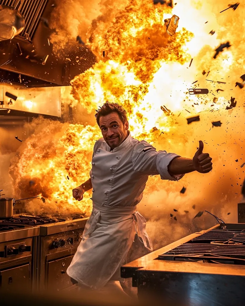 A chef in a white uniform stands amidst a fiery explosion in a commercial kitchen.  He gives a thumbs-up, seemingly unfazed by the chaos surrounding him.  Debris flies through the air as flames engulf the stove and surrounding equipment. The image is dramatic and action-packed, possibly from a movie or advertisement.