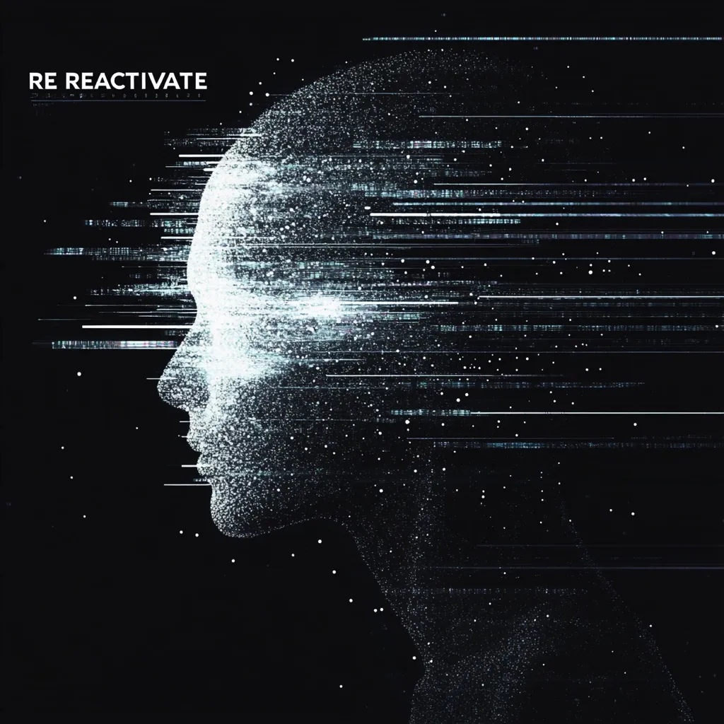 The image shows a stylized profile of a human head composed of countless shimmering particles against a black background.  Horizontal streaks of light and data-like patterns flow across the image, suggesting digital streams or data processing.  The title "RE REACTIVATE" is prominently displayed, hinting at themes of rebirth, technological awakening, or data recovery.  The overall aesthetic is futuristic and abstract.