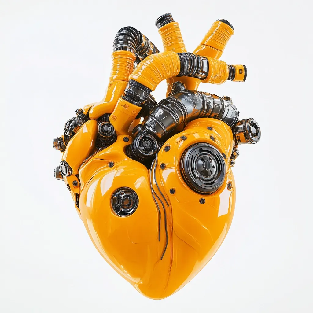 A vibrant yellow robotic heart, intricately detailed with dark metallic pipes and gears, dominates the image.  The artificial organ is presented against a stark white background, highlighting its complex mechanical structure. The glossy yellow casing contrasts sharply with the dark gray metallic components, suggesting a futuristic or technological advancement in artificial organ design.