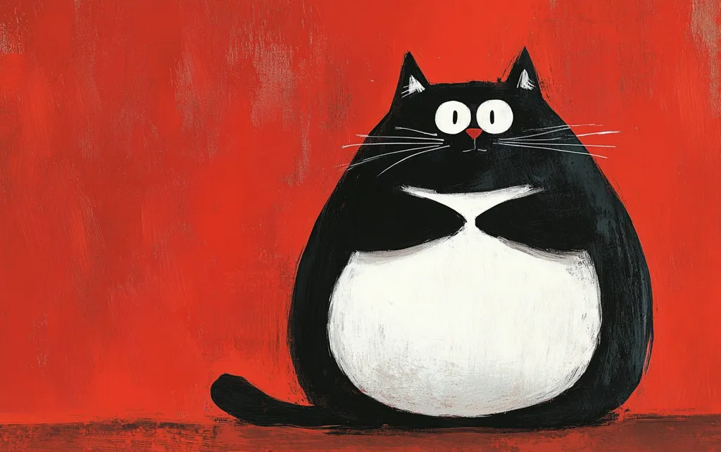 A stylized painting of a plump black and white cat against a vibrant red background. The cat's body is predominantly white, with black fur on its head and back.  Its large, expressive eyes and simple features give it a charming, almost cartoonish quality. The bold colors and simplistic style create a striking visual impact. The painting's texture seems thick and possibly created with acrylic paints.