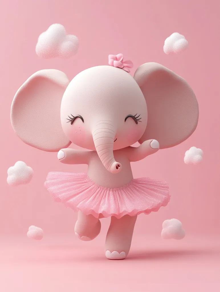 A cute, pink cartoon baby elephant, adorned with a pink flower, is joyfully dancing in a pink tutu.  Surrounded by fluffy white clouds on a matching pink background, the elephant's cheerful expression and pose create a charming and whimsical image. The scene is sweet and ideal for children's products or designs.