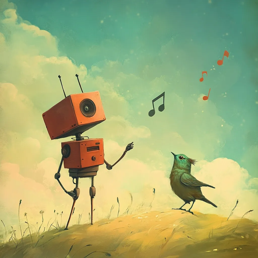 A whimsical illustration depicts a rusty orange robot and a teal bird sharing a musical moment.  Notes float between them in the pastel sky. The robot, with boxy design and antenna, stands on a gently sloping hill dotted with sparse grass. The bird, perched on the hill, seems to be singing, creating a serene and charming scene.  The overall style is nostalgic and slightly melancholic.