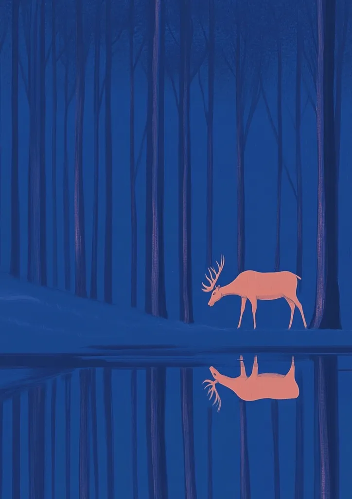 A stylized illustration depicts a lone deer standing at the edge of a calm, dark blue body of water, mirroring its image.  The deer, a muted coral color, is silhouetted against a backdrop of tall, slender dark blue trees in a forest.  The scene is serene and minimalist, conveying a sense of quiet solitude in nature.