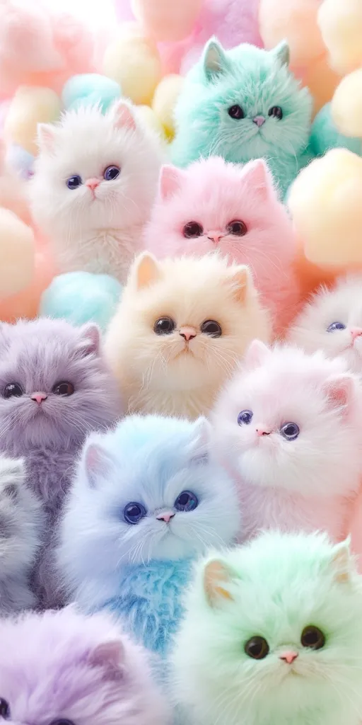 A cluster of adorable pastel-colored kittens, resembling fluffy cotton candy, snuggle together.  Their fur ranges from soft pinks and blues to lavenders and whites.  Large, expressive eyes add to their charming appearance.  The kittens are nestled amongst fluffy, pastel-colored balls, creating a whimsical and enchanting scene.
