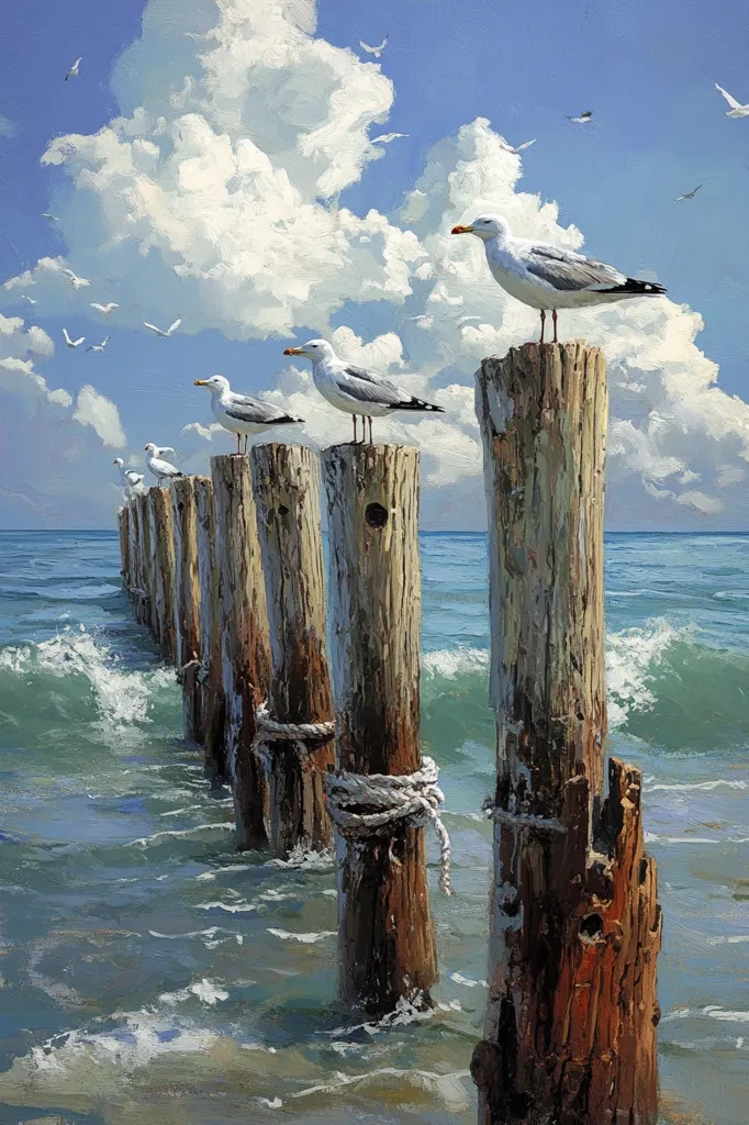 A vibrant painting depicts several seagulls perched atop weathered wooden pilings extending into a tranquil sea.  The sky is bright blue, dotted with fluffy white clouds, and gentle waves lap against the pilings.  The scene evokes a peaceful, coastal atmosphere, capturing the serenity of nature.  The artist's use of light and color creates a sense of depth and realism.