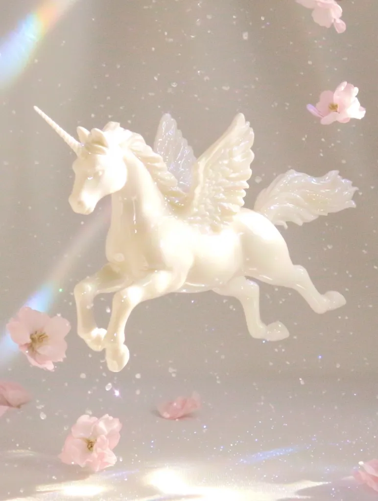 A white winged unicorn figurine gracefully leaps through a dreamy, ethereal scene.  Delicate pink blossoms drift around it, illuminated by a soft light and a rainbow shimmer. The overall aesthetic is light, airy, and magical, evoking a sense of fantasy and wonder.  Tiny sparkles add to the enchanted atmosphere.