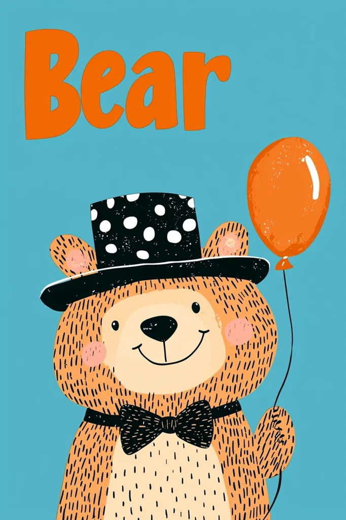 A cheerful cartoon bear, sporting a black-and-white polka-dotted top hat and a black bow tie, is the focal point of this illustration.  The bear holds an orange balloon, adding to its festive appearance. The word "Bear" is prominently displayed in orange lettering at the top, against a teal background. The style is whimsical and childlike.