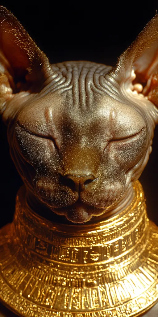 Close-up of a Sphynx cat with its eyes closed, adorned with a wide, ornate gold collar. The cat's wrinkled skin and the intricate detailing of the collar are sharply focused against a black background. The gold collar resembles ancient Egyptian jewelry.  The image evokes a regal and mysterious atmosphere.