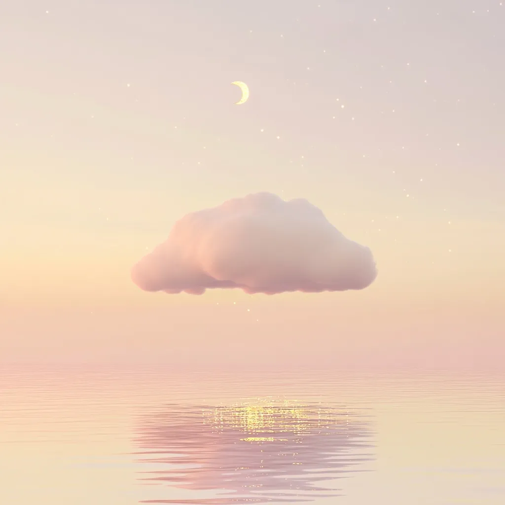 A single, fluffy pink cloud floats serenely above a calm, pastel-colored sea.  A crescent moon and scattered stars adorn a soft pink sky. The water reflects the subtle light, creating a dreamy, peaceful atmosphere. The overall palette is gentle and calming, evoking a sense of tranquility and ethereal beauty.