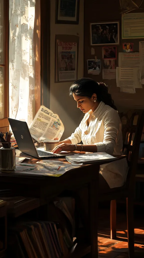 A young woman sits at a wooden desk, bathed in sunlight streaming through a window. She's engrossed in work on her laptop, a newspaper beside her.  The room is dimly lit, filled with old photographs and posters pinned to the wall, creating a cozy, nostalgic atmosphere.  The overall feeling is one of quiet concentration and thoughtful work.